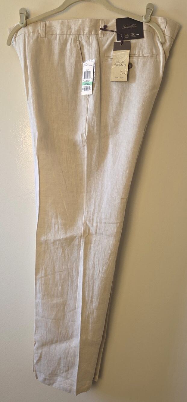 NWT Tasso Elba Island Men’s 100% Linen Pants 34x30 Beige Flat Front Summer New